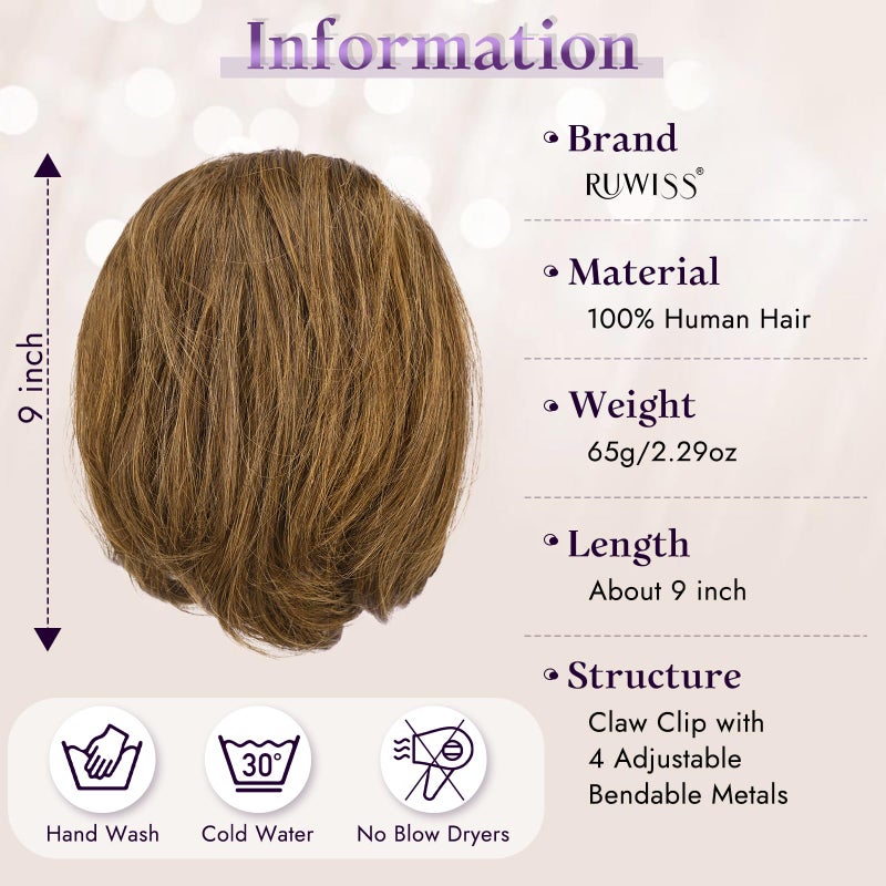 RUWISS Claw Clip Short Human Hair Ponytail Extension with Bendable Metals for DIY Styles, Straight Messy Bun Hair Piece for Women Thick Hairpieces for Daily Wear, 9 Inch Medium Brown - Image 2