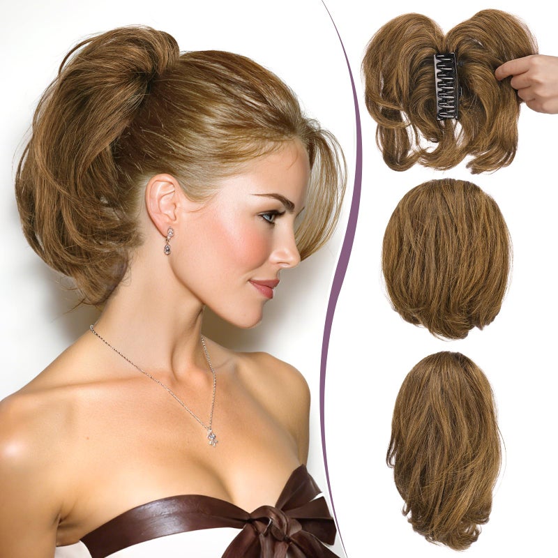 RUWISS Claw Clip Short Human Hair Ponytail Extension with Bendable Metals for DIY Styles, Straight Messy Bun Hair Piece for Women Thick Hairpieces for Daily Wear, 9 Inch Medium Brown - Image 1