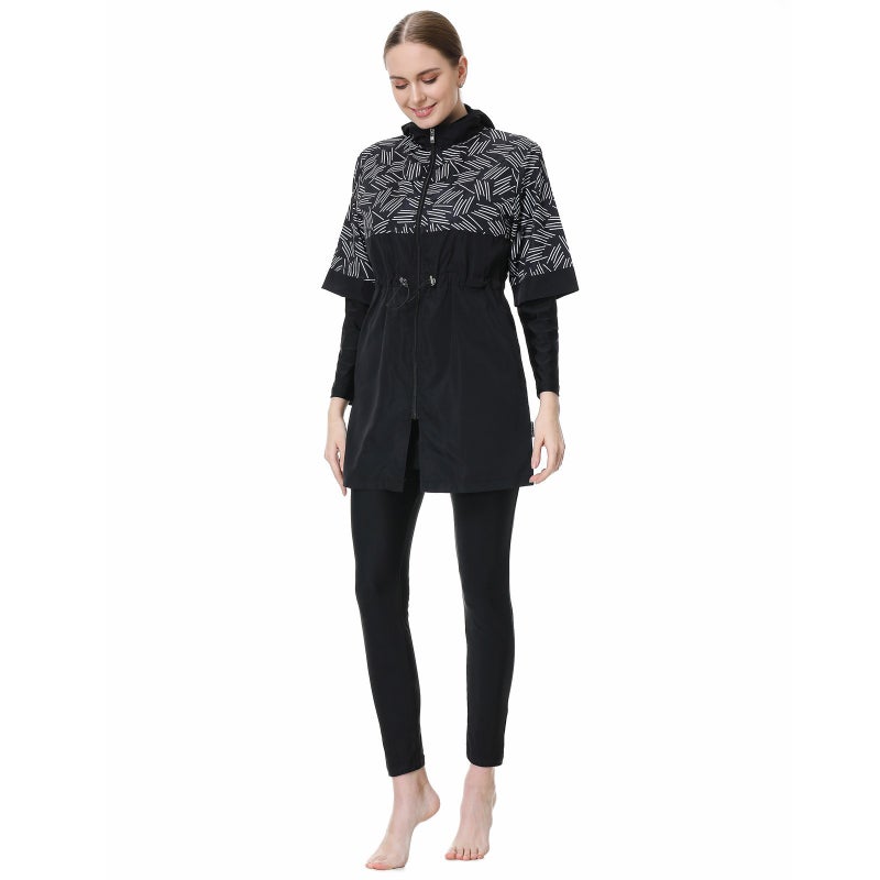 Women's Modest Swimwear Three-Piece Set with Hooded Top, Long Sleeves, and Skirt - Sun-Protective Printed Design