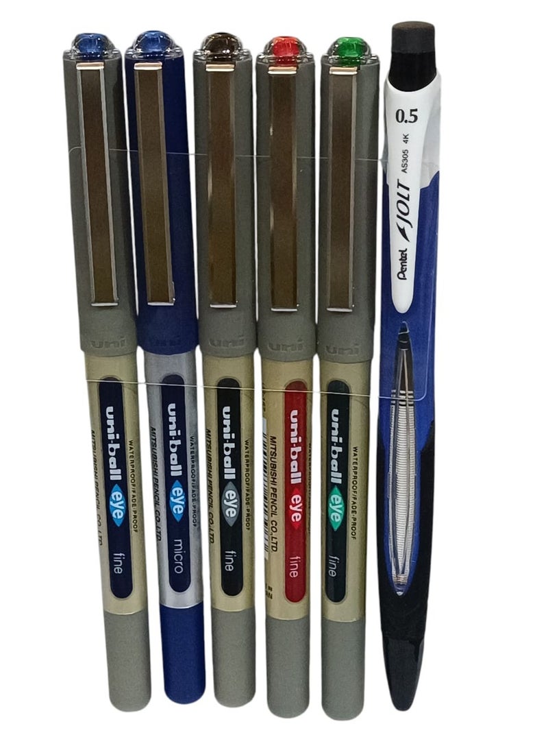 يوني بول مجموعة أقلام حبر سائل متعددة الألوان مع قلم رصاص بنتل عبوة مكونة من 6 قطع - Image 2