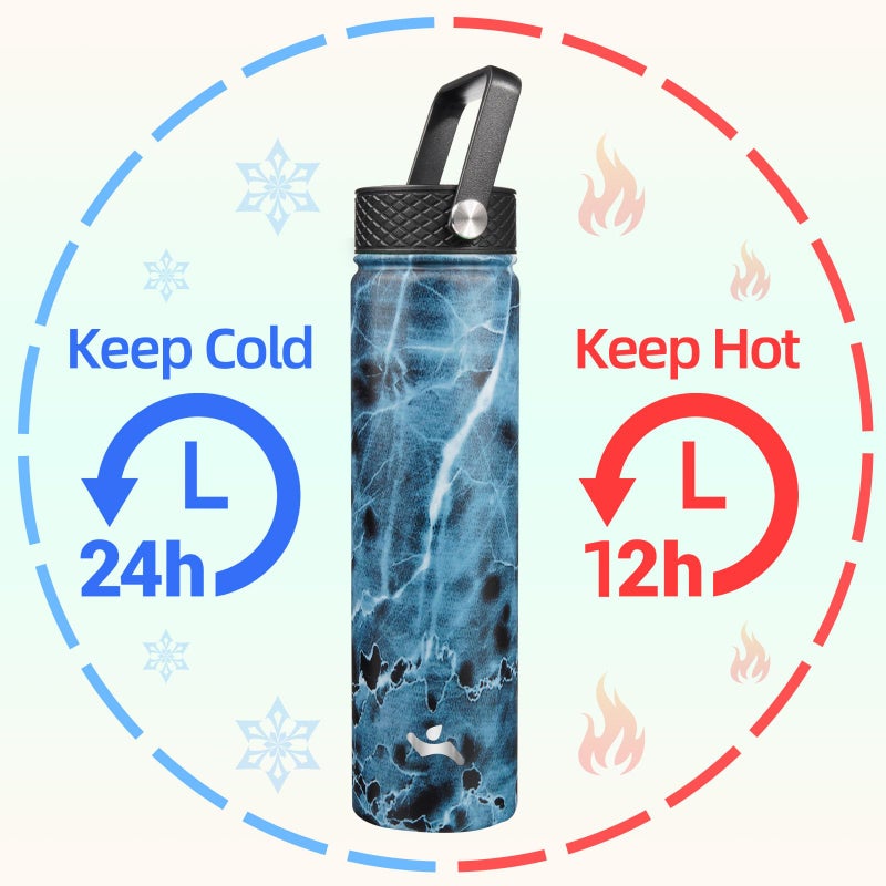 Konokyo Insulated Water Bottle 24oz Stainless Steel Sport Bottles with 3 Lids,Marble Ocean - Image 2