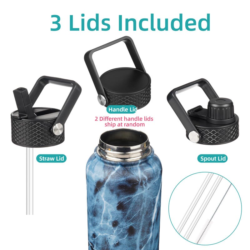 Konokyo Insulated Water Bottle 24oz Stainless Steel Sport Bottles with 3 Lids,Marble Ocean - Image 3