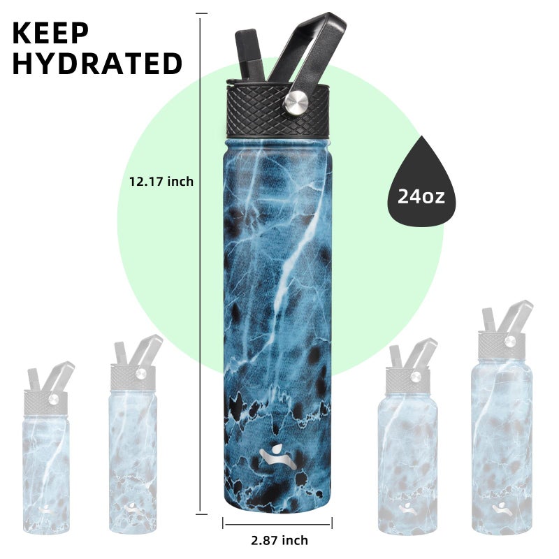 Konokyo Insulated Water Bottle 24oz Stainless Steel Sport Bottles with 3 Lids,Marble Ocean - Image 5