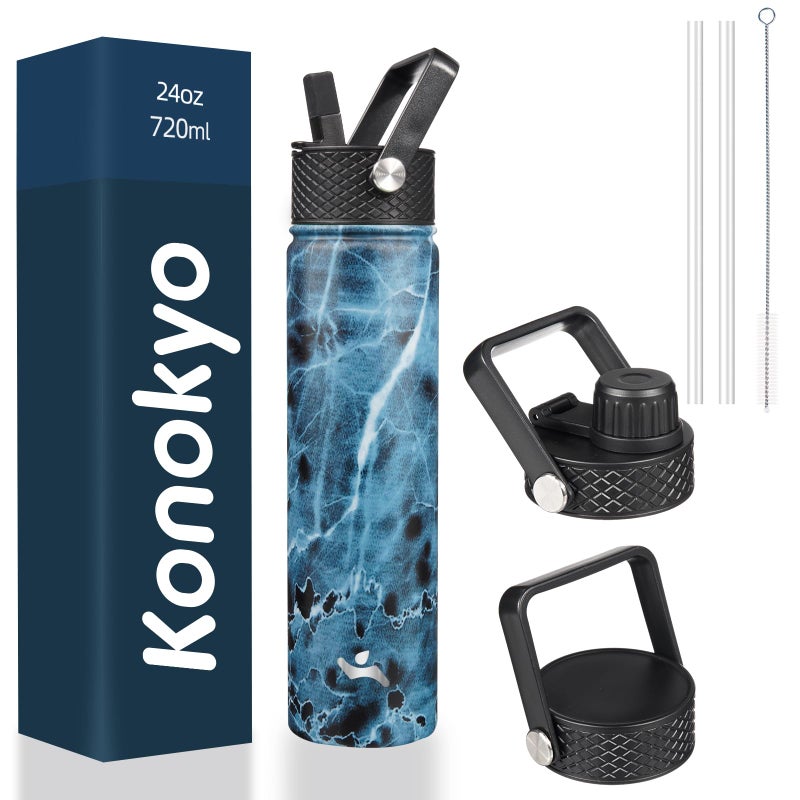 Konokyo Insulated Water Bottle 24oz Stainless Steel Sport Bottles with 3 Lids,Marble Ocean - Image 1