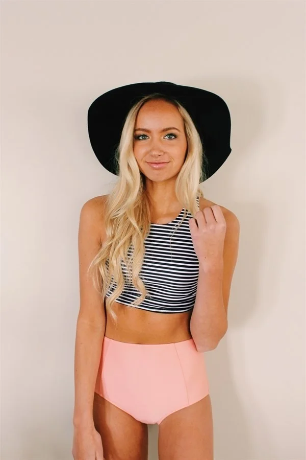 Angelsin Pink Top Striped High Waist Tankini Bikini Set