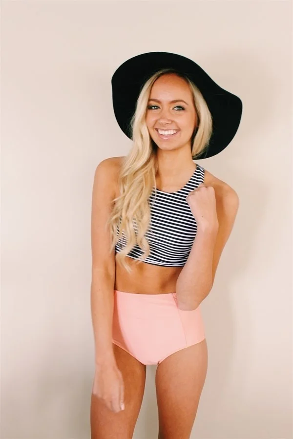 Angelsin Pink Top Striped High Waist Tankini Bikini Set