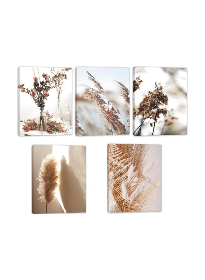 Set Of 5 Frameless Canvas Wall Arts Nature Wall Art Prints Canvas Art Wall Decor Botanical Print Pictures Reed Dried Flower Plant Poster for Home Bedroom Living Room Decor - Image 1