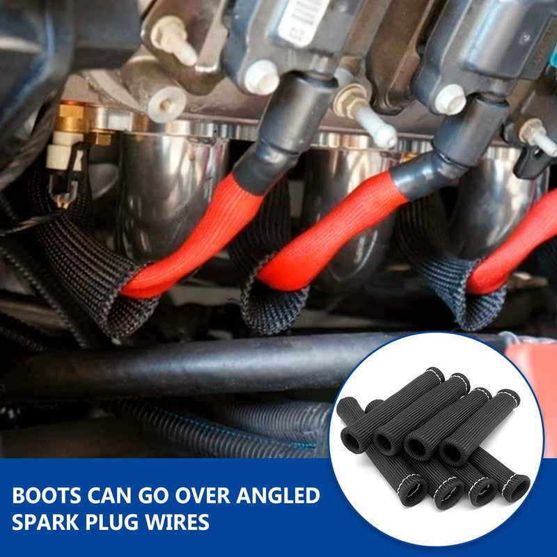 AOIT Spark Plug Wires Boots Heat Shields, 1500° Protector Covers Sleeves 6 Inch Automotive Spark Plugs Heat Shields Cover for SBC BBC 350 454 &16Pcs Stainless Steel Wire Ties (8 Pcs, Black) - Image 2