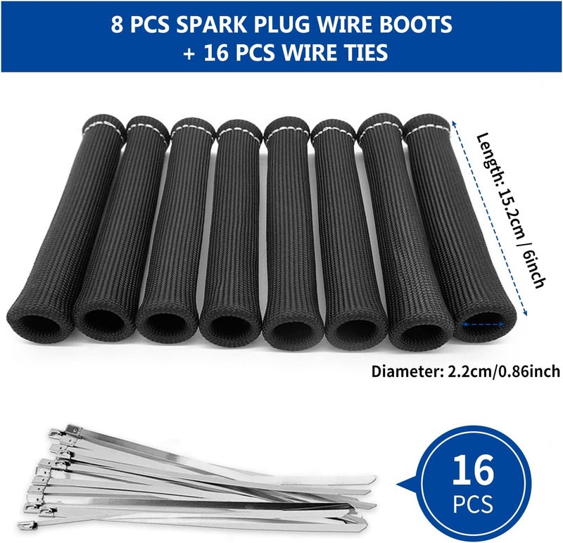 AOIT Spark Plug Wires Boots Heat Shields, 1500° Protector Covers Sleeves 6 Inch Automotive Spark Plugs Heat Shields Cover for SBC BBC 350 454 &16Pcs Stainless Steel Wire Ties (8 Pcs, Black) - Image 3