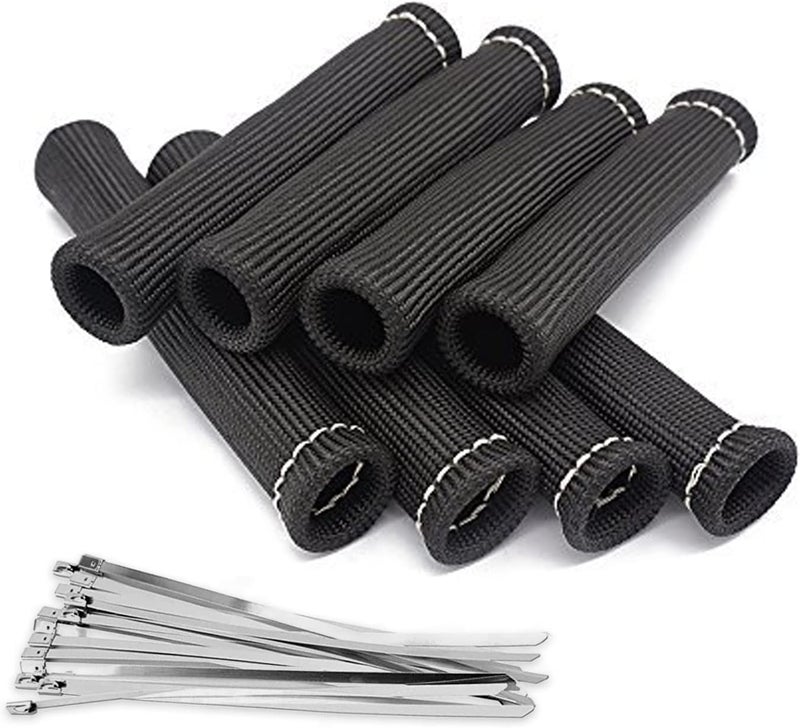 AOIT Spark Plug Wires Boots Heat Shields, 1500° Protector Covers Sleeves 6 Inch Automotive Spark Plugs Heat Shields Cover for SBC BBC 350 454 &16Pcs Stainless Steel Wire Ties (8 Pcs, Black) - Image 1