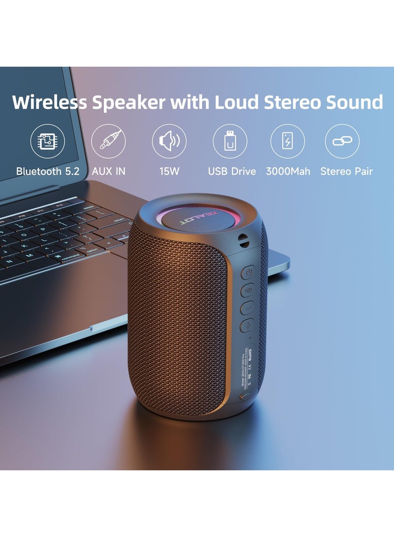 Zealot Bluetooth speaker, wireless Bluetooth speaker, 15W portable outdoor speaker, BT5.3/USB/TF/AUX, loud stereo sound, dual pairing, suitable for home parties, pools, and beaches - black - Image 2