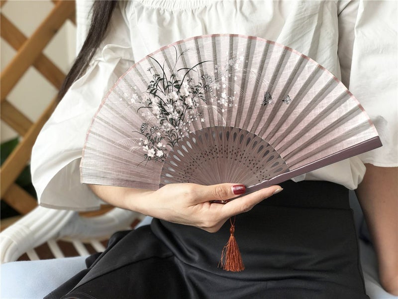 OMyTeaÂ® "Grassflowers 8.27"(21cm) Hand Held Folding Fans - With a Fabric Sleeve for Protection for Gifts - Chinese/Japanese Vintage Retro Style (Brown) - Image 4