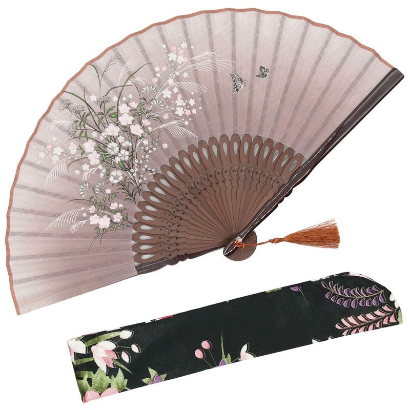 OMyTeaÂ® "Grassflowers 8.27"(21cm) Hand Held Folding Fans - With a Fabric Sleeve for Protection for Gifts - Chinese/Japanese Vintage Retro Style (Brown) - Image 1