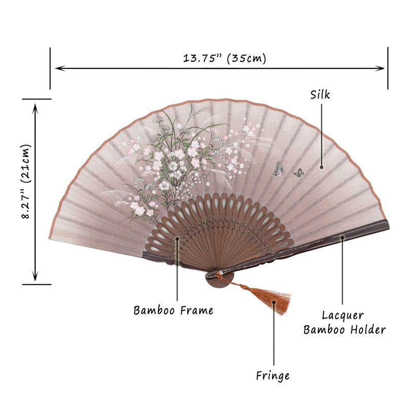 OMyTeaÂ® "Grassflowers 8.27"(21cm) Hand Held Folding Fans - With a Fabric Sleeve for Protection for Gifts - Chinese/Japanese Vintage Retro Style (Brown) - Image 2