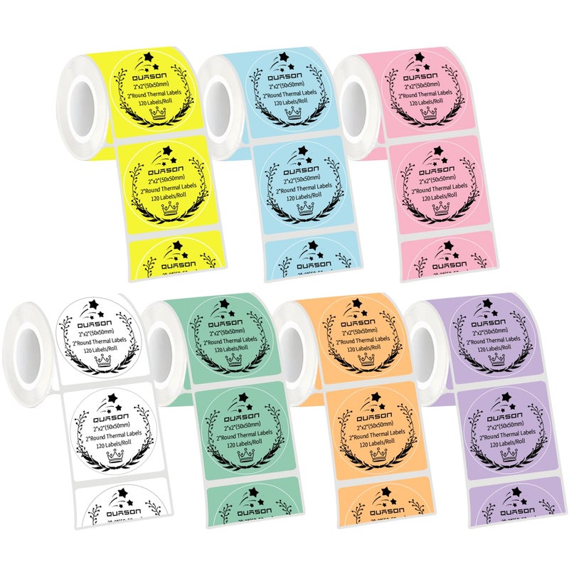 QUASON 2" Circle Thermal Sticker Labels, 7 Colorful Self-Adhesive Round Direct Thermal Labels for Businessï¼ŒCompatible with Zebra, Rollo, MUNBYNï¼ŒBPA Freeï¼ˆ840Labels/7Rollsï¼‰ - Image 1
