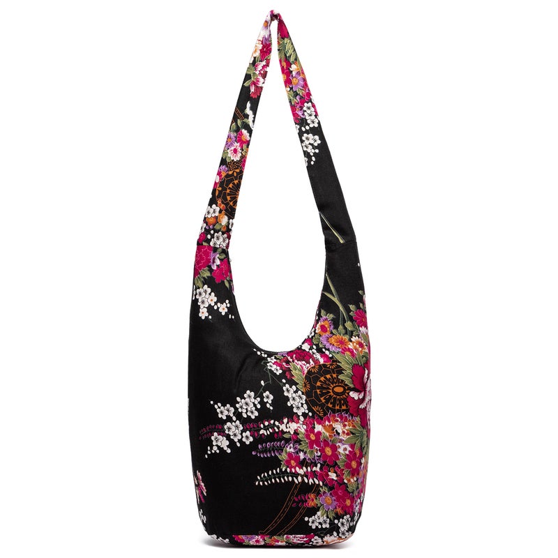 Coton Pose Women Shoulder Handbags Fashion canvas Hippie Crossbody Bags Bohemian Animal Prints Hobo Bags (Black Flowers) - Image 1