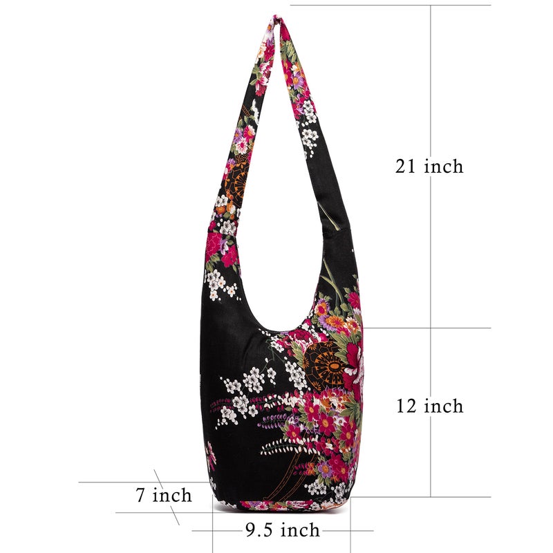 Coton Pose Women Shoulder Handbags Fashion canvas Hippie Crossbody Bags Bohemian Animal Prints Hobo Bags (Black Flowers) - Image 3