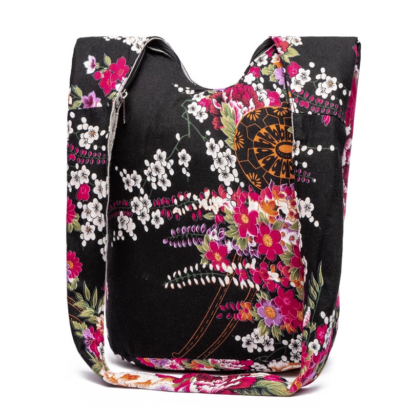 Coton Pose Women Shoulder Handbags Fashion canvas Hippie Crossbody Bags Bohemian Animal Prints Hobo Bags (Black Flowers) - Image 2