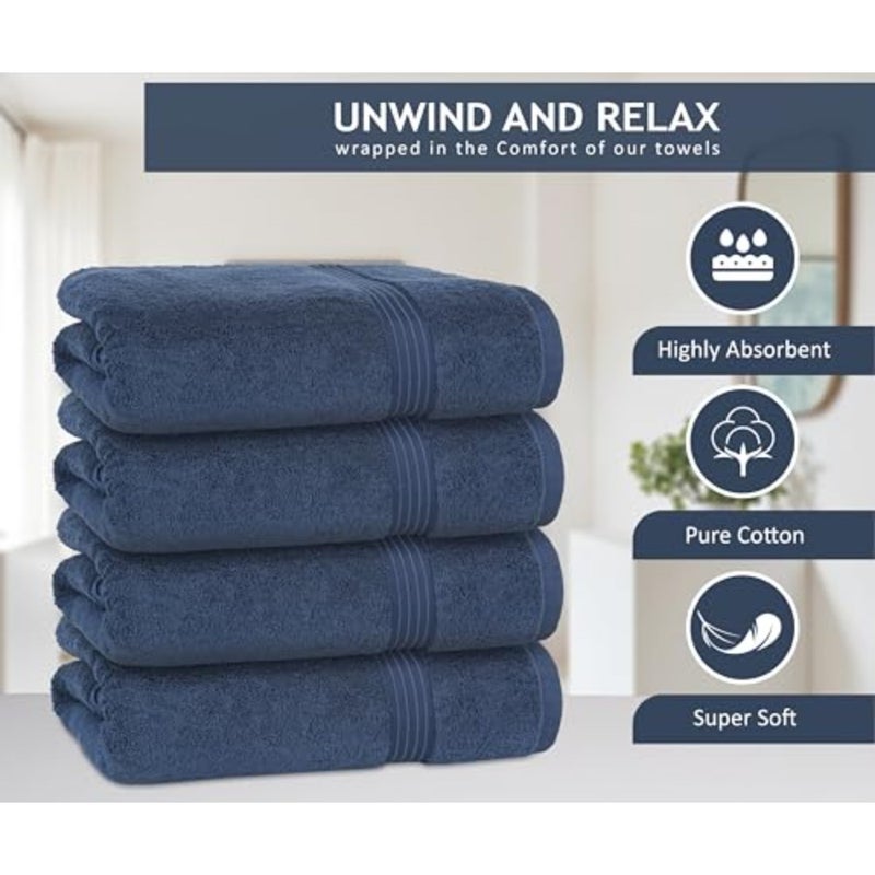 Bath Towel Set 4 Pack, 70 X 140 cm - 600 GSM 100% Combed Cotton Quick Drying Highly Absorbent Thick Bathroom Towels - Soft Hotel Quality for Bath and Spa (Dark Blue, Bath Towel 4 Pack) - Image 4