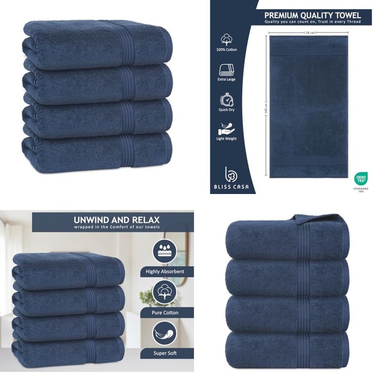 Bath Towel Set 4 Pack, 70 X 140 cm - 600 GSM 100% Combed Cotton Quick Drying Highly Absorbent Thick Bathroom Towels - Soft Hotel Quality for Bath and Spa (Dark Blue, Bath Towel 4 Pack) - Image 1