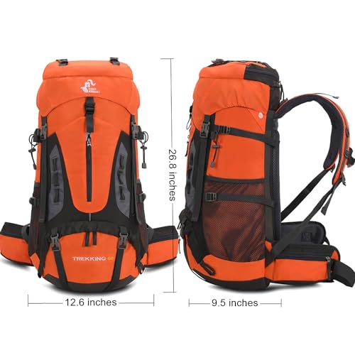 Bseash 60L Hiking Camping Backpack with Rain Cover, Waterproof Large Capacity Outdoor Sport Travel Daypack Climbing Touring (Orange) - Image 2