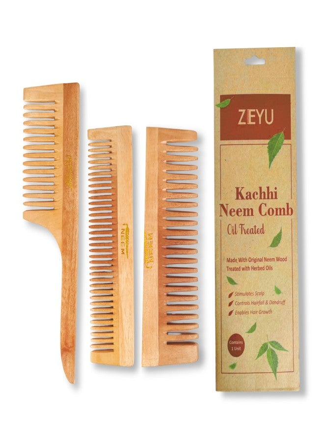 ZEYU Neem Wooden Hair Comb for Men & Women | Wide Dual Tooth Wooden Hair Brush | Frizz Control & Shine, Suited For All Hair Types Wood Kangi for Hair (Pack - 3) (Wide-Tooth Combs) - Image 1