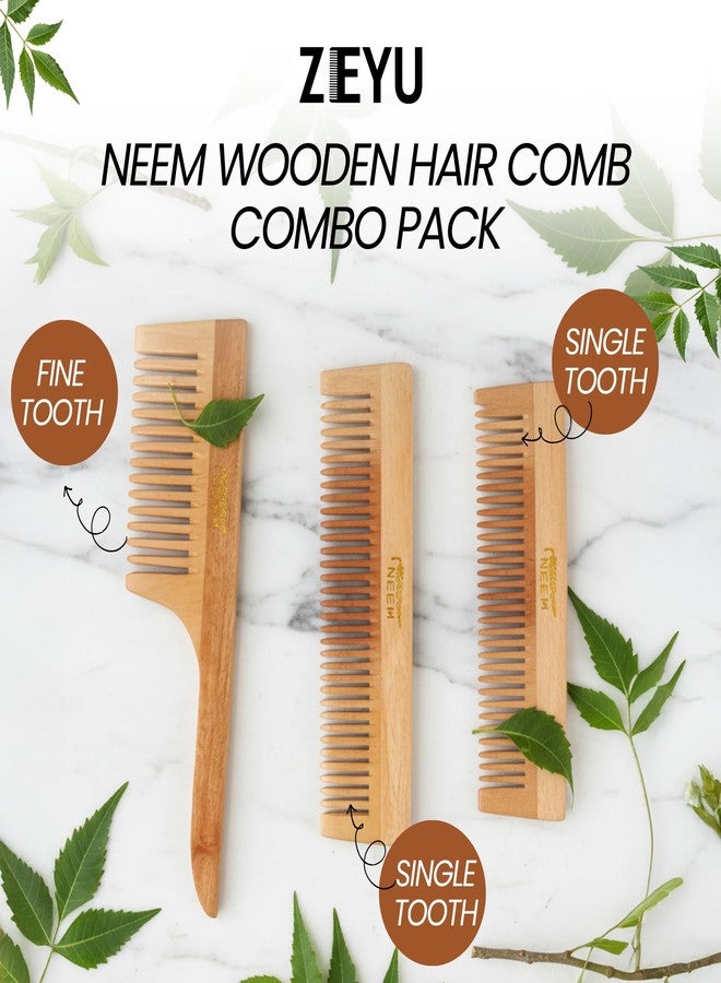 ZEYU Neem Wooden Hair Comb for Men & Women | Wide Dual Tooth Wooden Hair Brush | Frizz Control & Shine, Suited For All Hair Types Wood Kangi for Hair (Pack - 3) (Wide-Tooth Combs) - Image 3