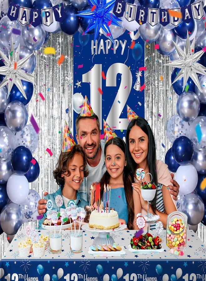 Pounira 12th Birthday Decorations Boy, Blue Happy 12th Birthday Decorations for Boys Girls, 12 Year Old Birthday Banner Decoration Balloons Tablecloth Foil Backdrop Star Balloons, 12th Bady Decor for Teens - Image 2