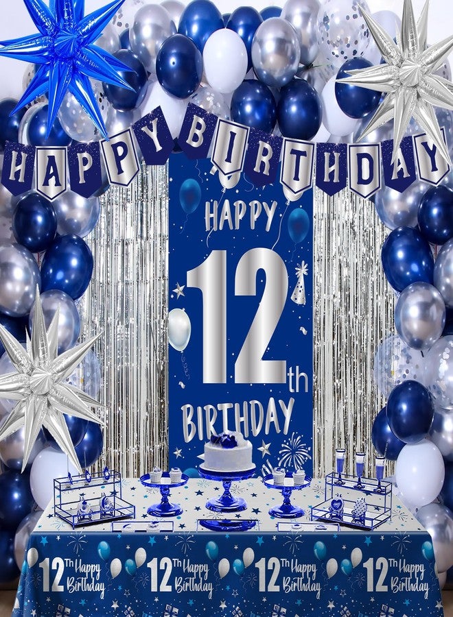Pounira 12th Birthday Decorations Boy, Blue Happy 12th Birthday Decorations for Boys Girls, 12 Year Old Birthday Banner Decoration Balloons Tablecloth Foil Backdrop Star Balloons, 12th Bady Decor for Teens - Image 1