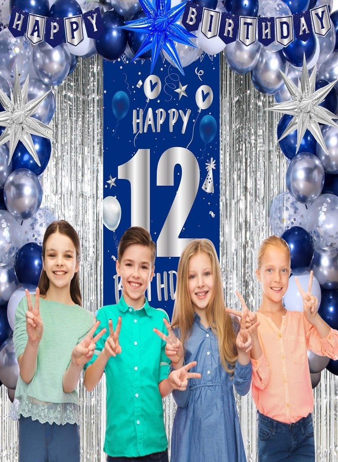 Pounira 12th Birthday Decorations Boy, Blue Happy 12th Birthday Decorations for Boys Girls, 12 Year Old Birthday Banner Decoration Balloons Tablecloth Foil Backdrop Star Balloons, 12th Bady Decor for Teens - Image 4