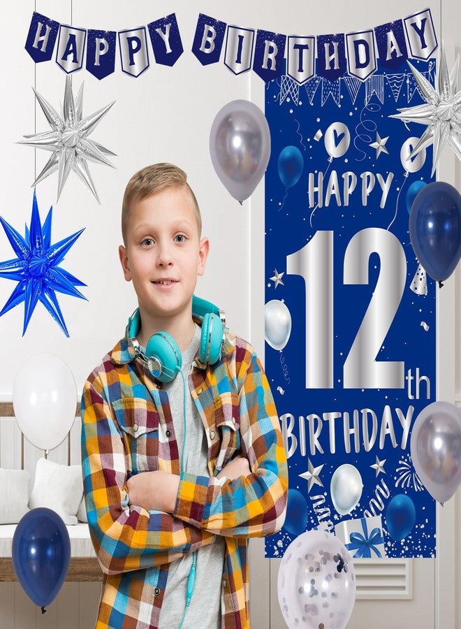 Pounira 12th Birthday Decorations Boy, Blue Happy 12th Birthday Decorations for Boys Girls, 12 Year Old Birthday Banner Decoration Balloons Tablecloth Foil Backdrop Star Balloons, 12th Bady Decor for Teens - Image 5