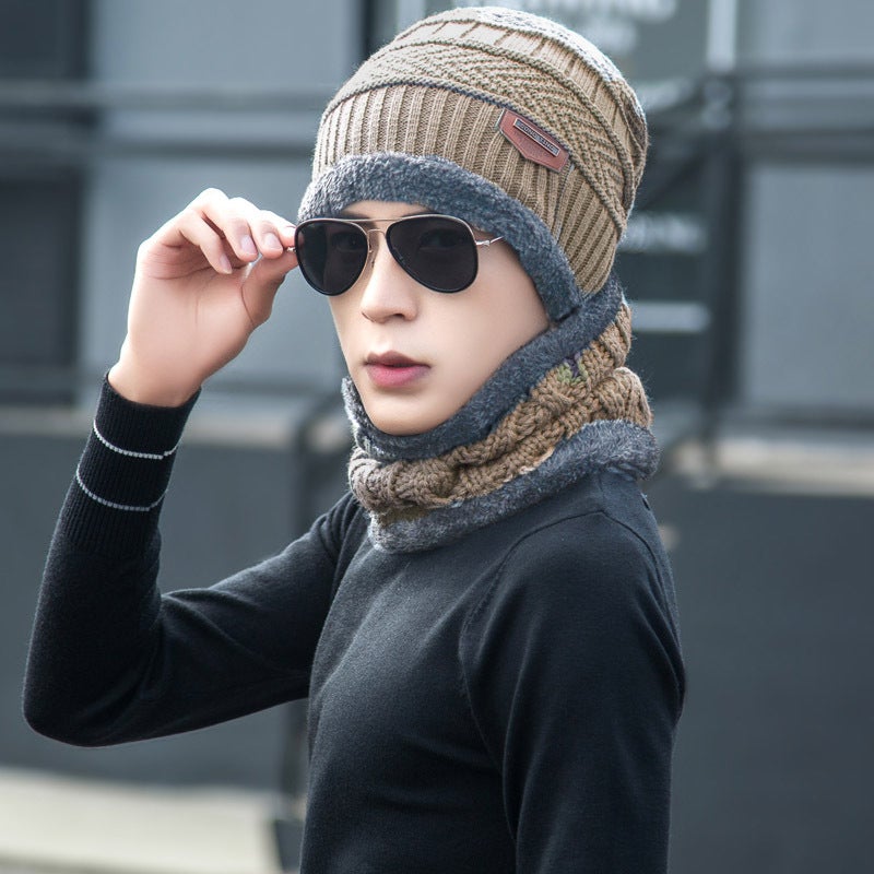 Mens Winter Hat Scarf Gloves Set Knitted Warm 2-piece set cap khakis 
