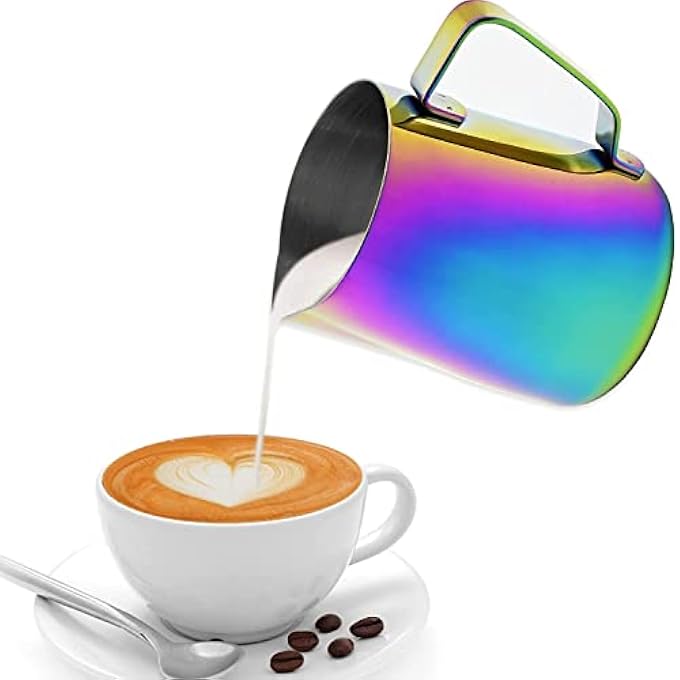 Shinzy Milk Frothing Pitcher With Latte Pen 304 Stainless Steel Milk Frother Jug Metal Latte Art Pitcher Espresso Steaming Pitcher Cappuccino Latte Art Cup Dishwasher Safe 350 Ml Rainbow - Image 1