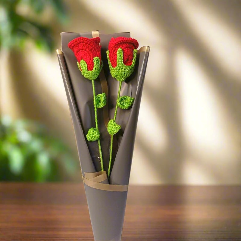 Generic 2 Handmade Crochet Red Rose in Elegant Wrapping with Golden Borders Gift for Special Occasions Rose for Valentines Day Valentines Day Gift Birthday Gifts Set of 2  - Image 1