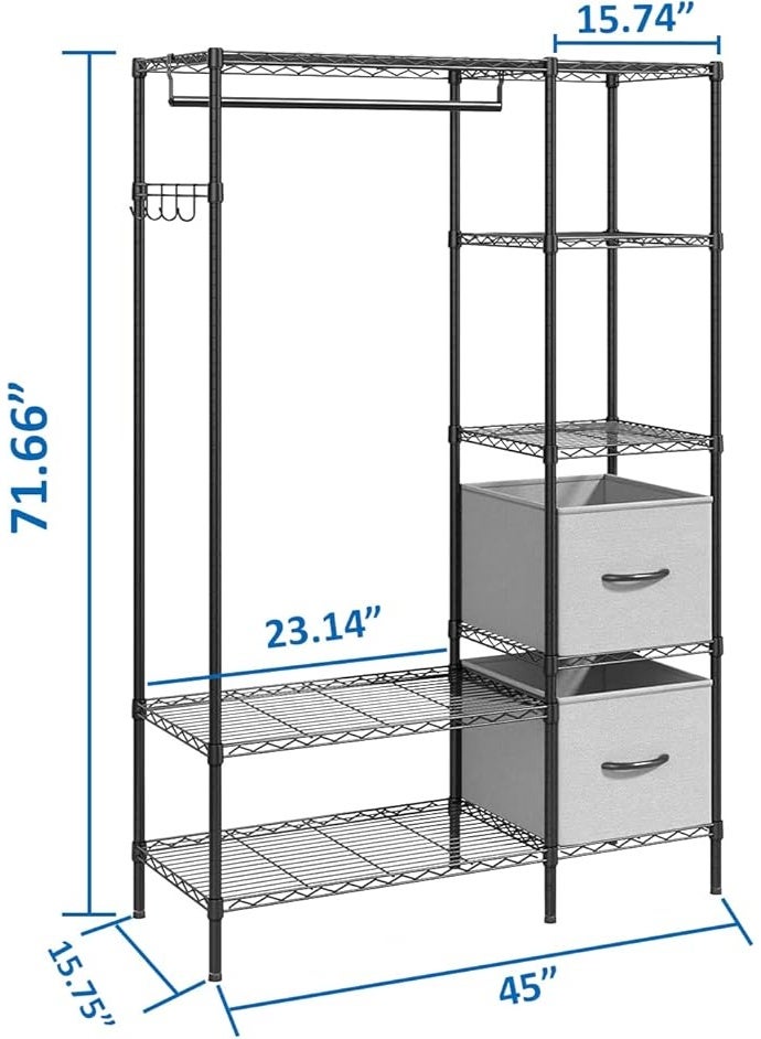 Forthcan Heavy Duty Garment Rack with Shelves, 6-Tier Wire Clothes Rack, Sturdy Metal Wardrobe Closet Organizer for Hanging Clothes (Black, 44.9"L × 15.7"W × 70.9"H, Max Load 560 lbs) - Image 4
