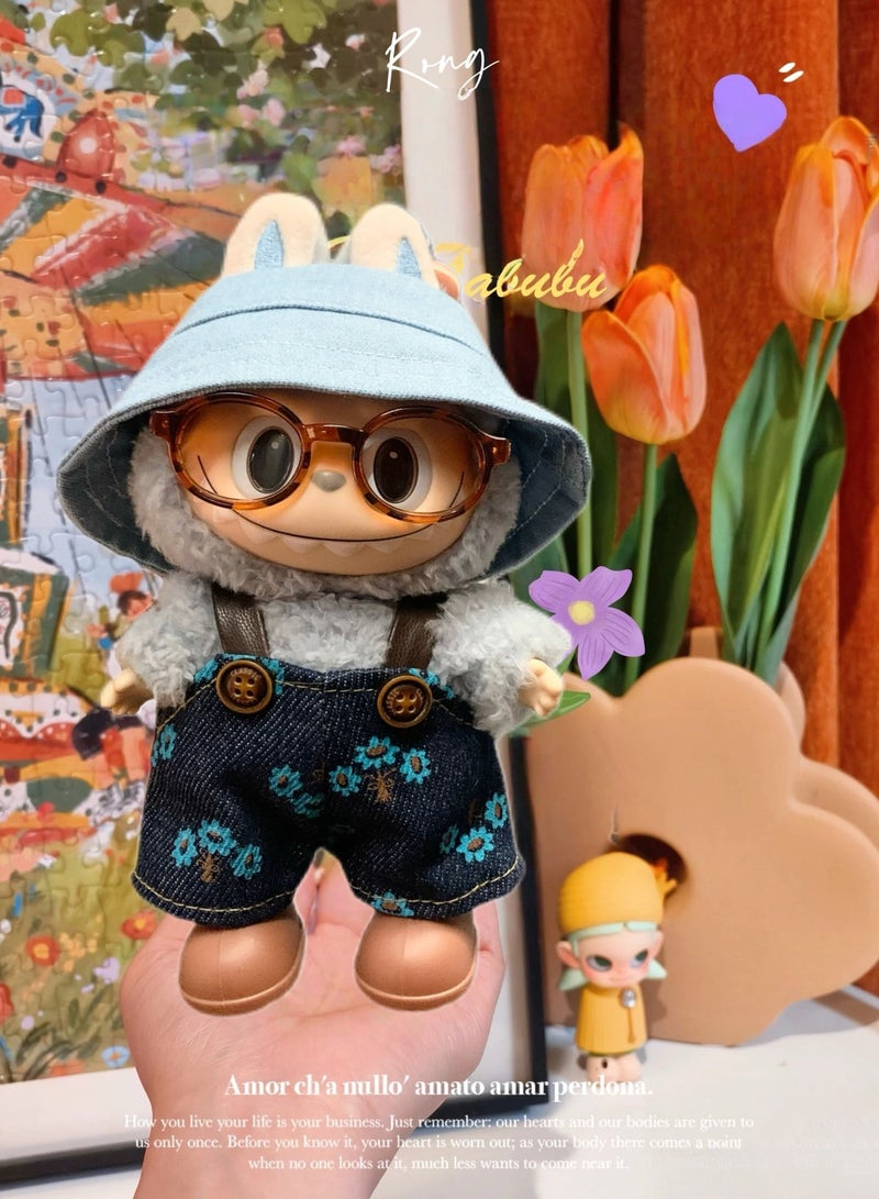 CUNUUDOOL 4pcs Cool Clothes Set & Outfit Set For 17cm Dolls, Labubu Clothes,Include:Cowboy Hat,Blue Small Flower Bib Pants,Brown Shoes And Glasses Accessories.Interchangeable Clothing For 1/2/3, Generation. - Image 2