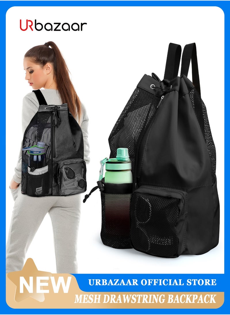 URbazaar Drawstring Backpack Sports Gym Bag, Nylon Draw Backpack Large Size with Zipper and Front Rear Pocket, Water Resistant String Sackpack for School Swimming Travel Women Men  - Image 1