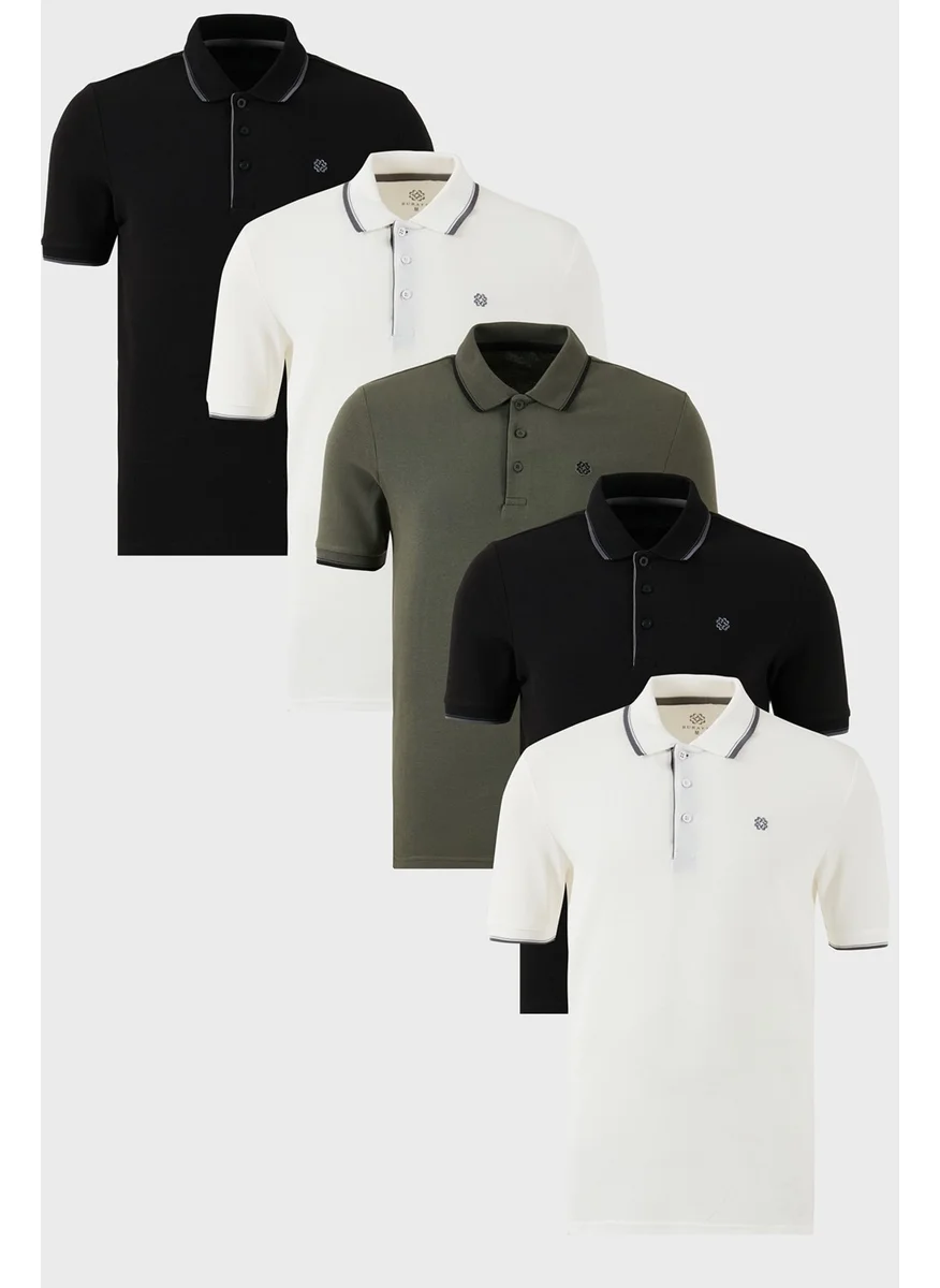 بوراتي Cotton Slim Fit Stripe Detail Buttoned Polo Collar 5-Pack T Shirt Men's T Shirt 5902118S5