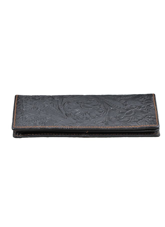 Easyoulife - Womens Ladies Genuine Leather Wallet Long Embossing Bifold Wallet Clutch Purse (Black) - Image 1