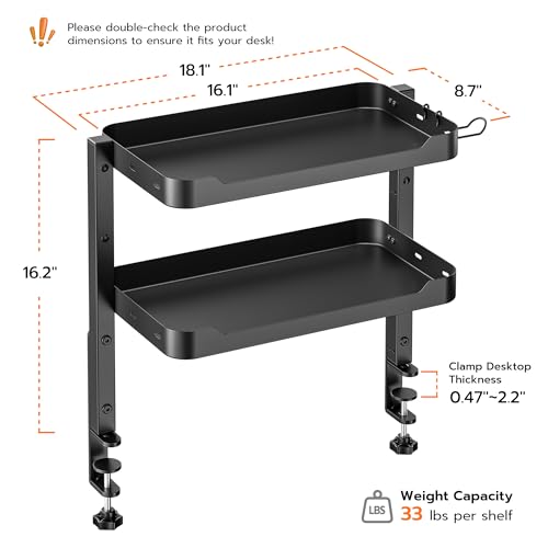 ARES WING 2Tier Clamp On Desk Shelf 16 inch Adjustable Above or Under Desk Storage Shelves Holds 66 lbs Heavy Duty Desktop Organizer with Headphone Holder for Working and Gaming Accessories Black - Image 3