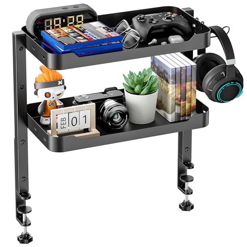 ARES WING 2Tier Clamp On Desk Shelf 16 inch Adjustable Above or Under Desk Storage Shelves Holds 66 lbs Heavy Duty Desktop Organizer with Headphone Holder for Working and Gaming Accessories Black - Image 1