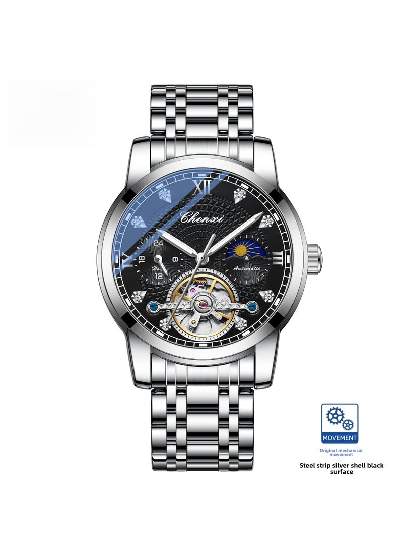 Generic New Dawn Mens Hollow Flywheel Automatic Watch Silver Black 