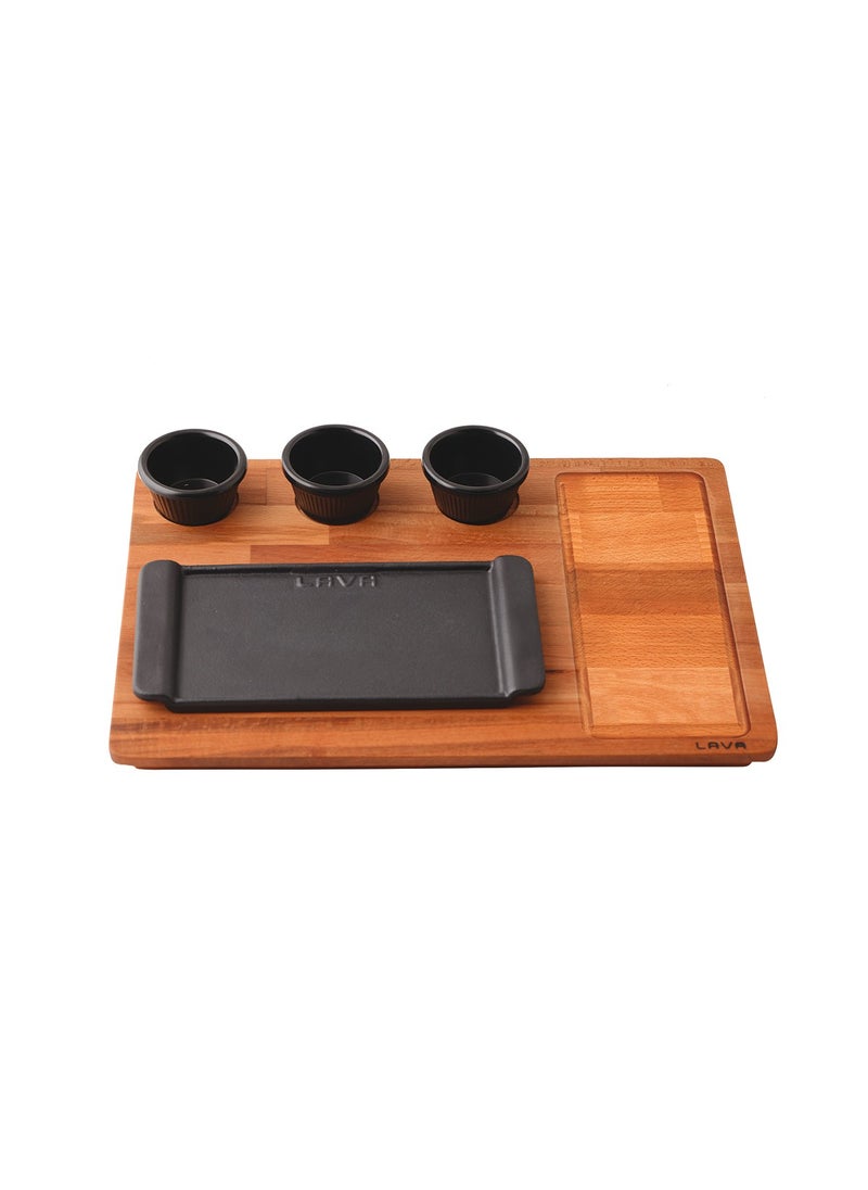 Lava Casting Rectangular Serving Plate and Wooden Base Black 13 x 25 cm 