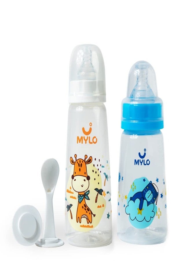Mylo Baby 2 in 1 Feeding Bottles with Spoon for New Born Baby (125ml + 250ml) | Anti Colic & BPA Free Feeding Bottles | Feels Natural Baby Bottle | Easy Flow Neck Design- Bear + Giraffe - Image 1