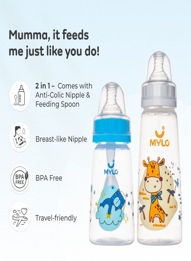 Mylo Baby 2 in 1 Feeding Bottles with Spoon for New Born Baby (125ml + 250ml) | Anti Colic & BPA Free Feeding Bottles | Feels Natural Baby Bottle | Easy Flow Neck Design- Bear + Giraffe - Image 2