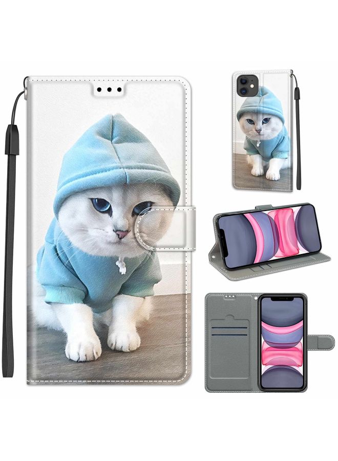 Case Cover For iPhone 11 Voltage Colored Drawing Magnetic Clasp Horizontal Flip PU Leather Case with Holder & Card Slots C15 Blue Sweater White Cat
