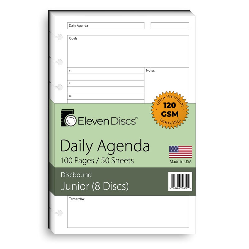 Eleven Discs Discbound Paper, Junior Size Undated Daily Agenda Sheets - Premium 120gsm Heavyweight Notebook & Planner Refills - 8 Discs, 5.5 x 8.5 in - Punched for Circa, Arc, TUL (50 Sheets)
