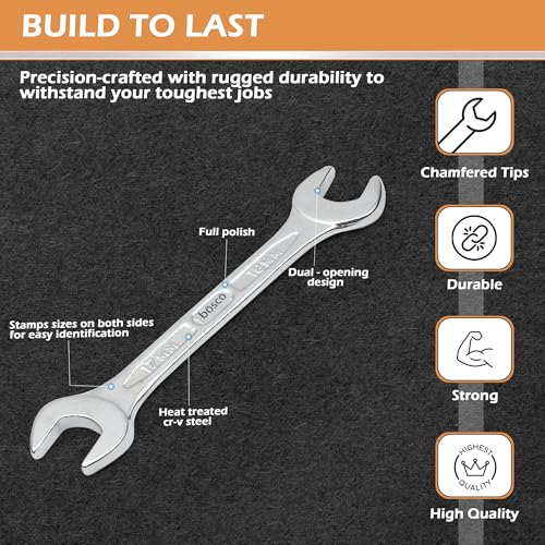 BOSCO® 8-Piece Double Open-End Jaw Spanner Wrench Set |Carbon Steel with Chrome Plating & Satin Finish | Anti-Corrosion, Rust-Resistant, Ergonomic Spanners for Automotive, Plumbing, Home & DIY Repairs - Image 3