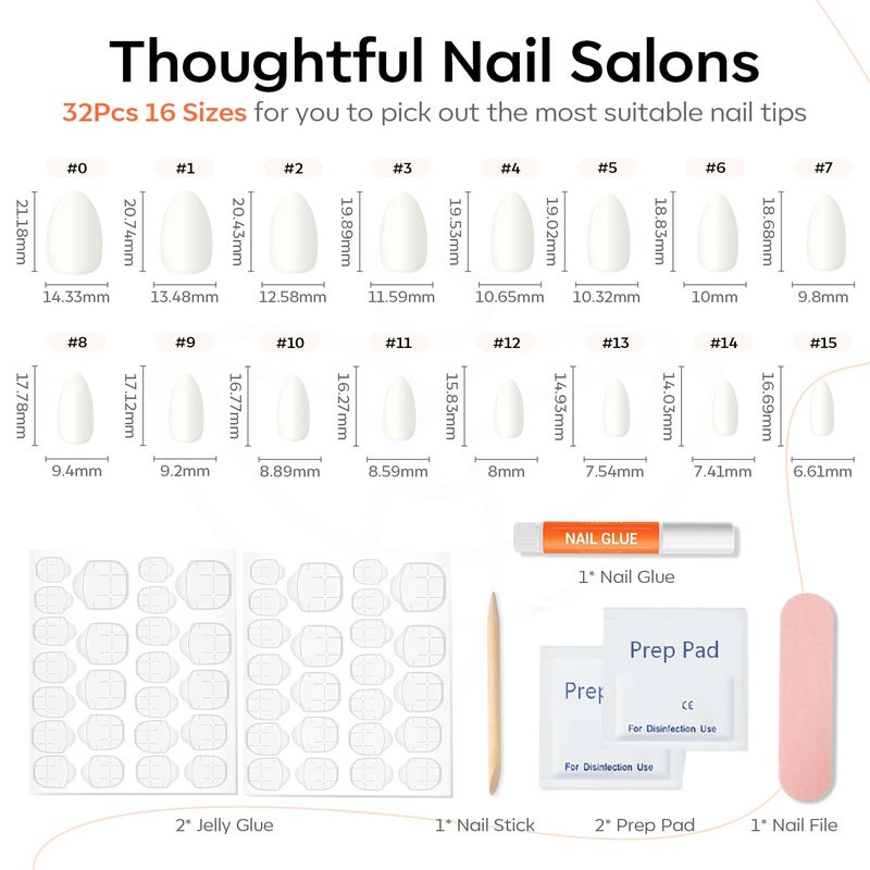 Modelones Milky White Press on Nails Almond, Spring Short Fake Nails, Reusable Nail Kit with Nail Glue Adhesive Tabs Mini Nail File, Nails Press Ons 32Pcs 16 Sizes, Women Girl Gift - Image 3