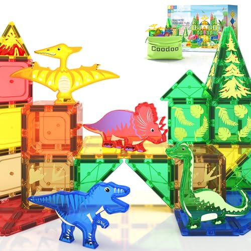 Coodoo Dinosaur Toys Magnetic Tiles Magnet Building Blocks for Toddler Kids Toys STEM Sensory Outdoor Toy for 3 Year Old Boys and Girls Dinosaur World Creative Games Kids - Image 1